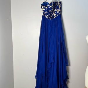 EUC Sherri HIll 4 Womens Juniors Formal Prom Party Dance Blue Cream Dress Hi Low